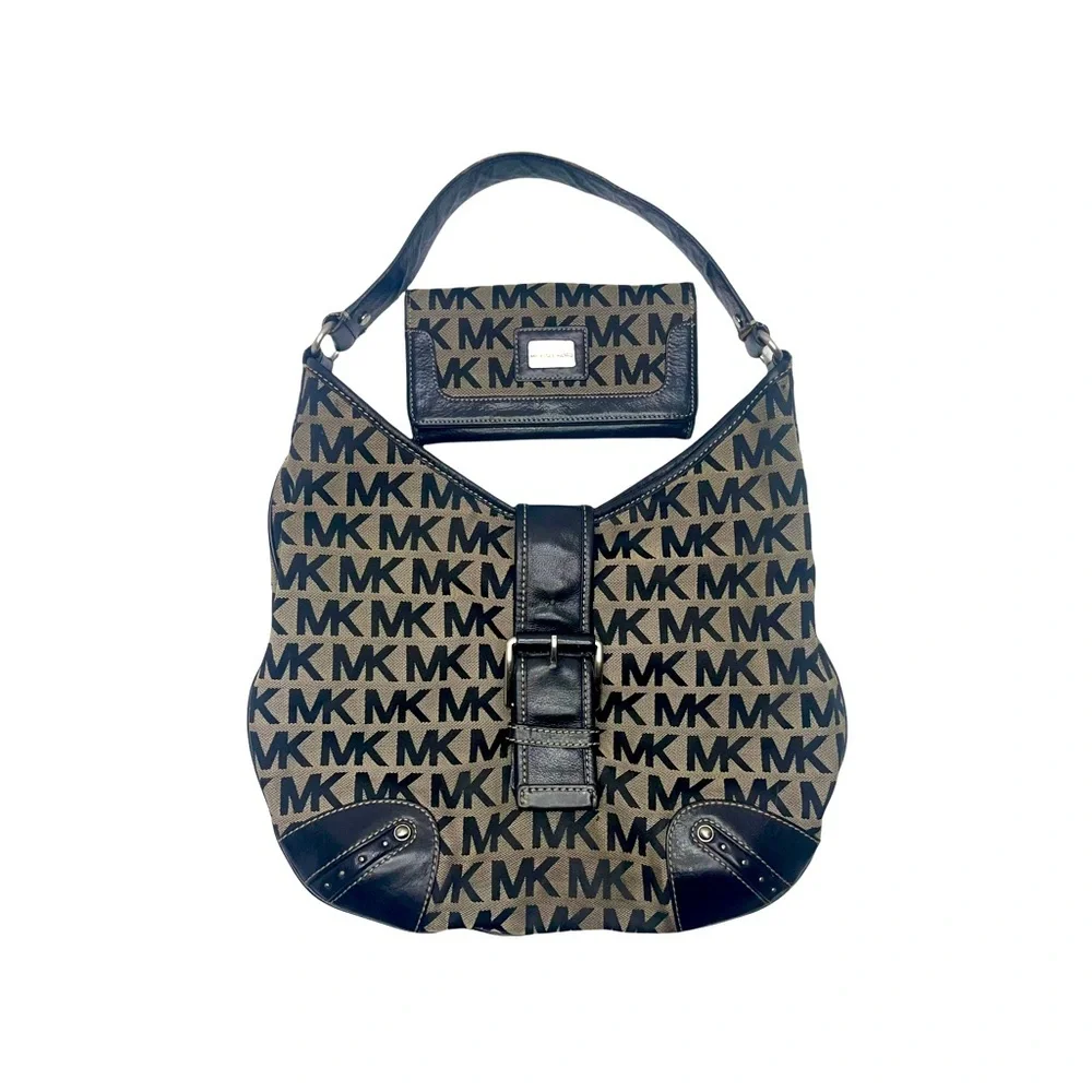 MICHAEL KORS Black & Tan Signature MK Hobo, Wallet & Wristlet Bundle
